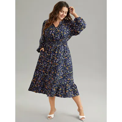 Bloomchic Ditsy Floral Notched Shirred Pocket Elastic Waist Dress In Blue