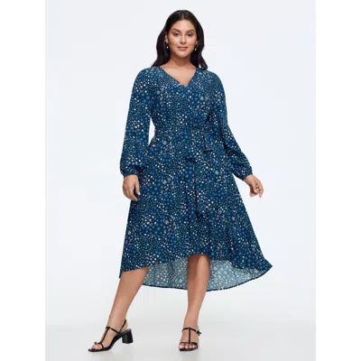 Bloomchic Ditsy Floral Print Belted High‑low Hem Flowy Mini Dress In Surf The Web