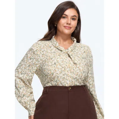 Bloomchic Ditsy Floral Print Bow Tie Button‑down Blouse In Apricot