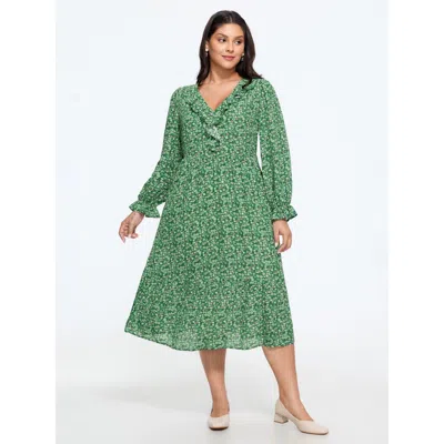 Bloomchic Ditsy Floral Print Ruffle V‑neck Midi Dress In Green