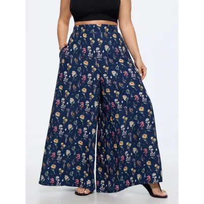Bloomchic Ditsy Floral Print Stretchy Waist Wide Leg Pants In Indigo