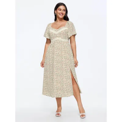 Bloomchic Ditsy Floral Print Sweetheart Lace Neckline Midi Dress In Brown