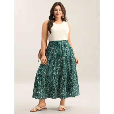 Bloomchic Ditsy Floral Print Tiered Tied Maxi Skirt In Emerald
