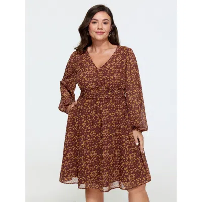 Bloomchic Ditsy Floral Print V Neck Chiffon Mini Dress In Brown