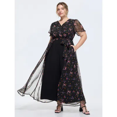 Bloomchic Ditsy Floral Print Wrap Tie Overlay Jumpsuit In Black