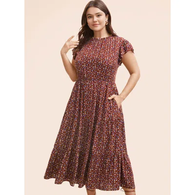 Bloomchic Ditsy Floral Ruffle Cap Sleeve Dress In Brown