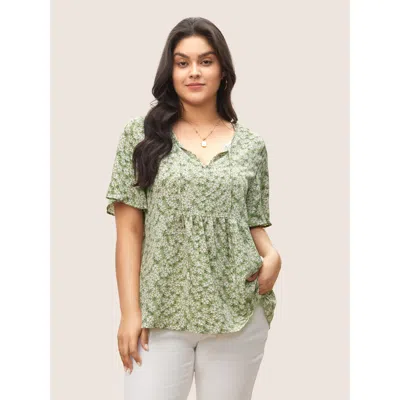 Bloomchic Ditsy Floral Ruffle Sleeve Gathered Ties Blouse In Green