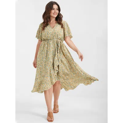 Bloomchic Ditsy Floral Ruffles Ties Split V Neck Dress In Neutral