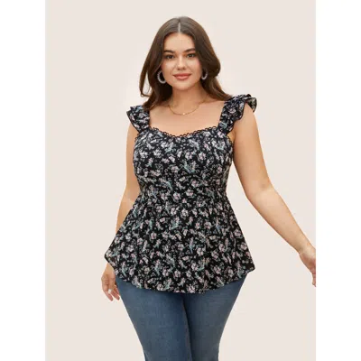 Bloomchic Ditsy Floral Tiered Ruffles Lace Trim Tank Top In Black