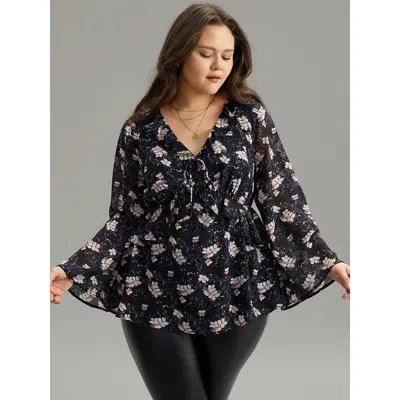 Bloomchic Ditsy Floral Ties Ruffles Elastic Waist Blouse In Black