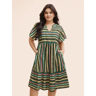 Bloomchic Dot Print Elastic Waist Split Neck Mini Dress In Green