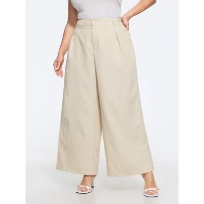 Bloomchic Double Button Waist Pleated Wide Leg Pants In Beige