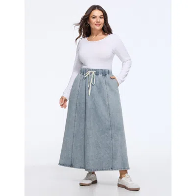 Bloomchic Drawstring Elastic Waist Washed Denim Midi Skirt In Lightbluevintage