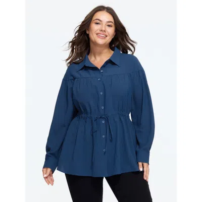 Bloomchic Drawstring Waist Button‑down Long Sleeve Blouse In Midnight