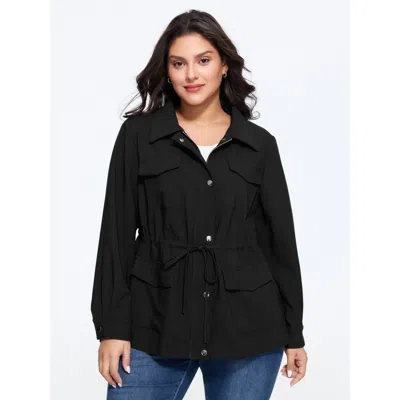 Bloomchic Drawstring Waist Zip‑up Button Down Jacket In Black