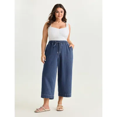 Bloomchic Elastic Drawstring Waistband Wide-leg Jeans In Blue