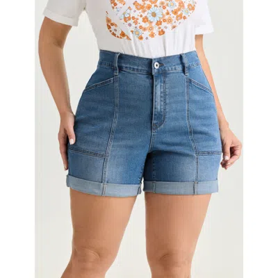 Bloomchic Elastic Waist Folded Hem Straight-leg Denim Shorts In Blue