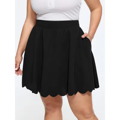 Bloomchic Elastic Waist Wave Scallop Hem Side Pocket Mini Skirt In Black