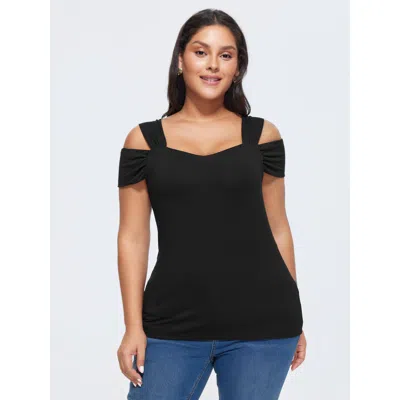Bloomchic Elegant Stretchy Cold-shoulder Plain Top In Black