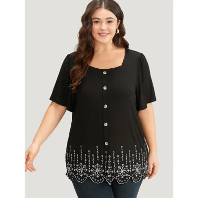 Bloomchic Embroidered Button Detail Scalloped Trim T-shirt In Blue