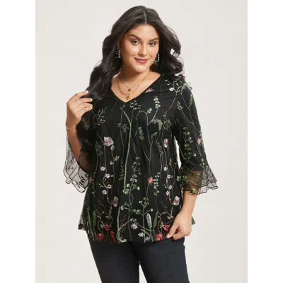 Bloomchic Embroidered Mesh Lotus Leaf Sleeve Blouse In Black