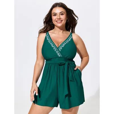 Bloomchic Embroidered Neckline Waist-tie Swim Romper In Blue
