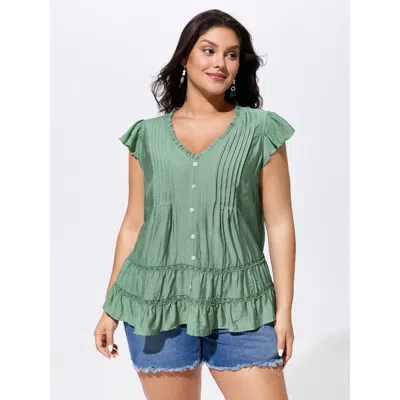 Bloomchic Everyday Pleated Lace Trim Blouse In Green