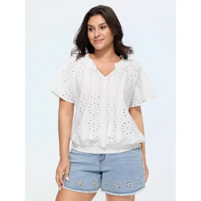 Bloomchic Eyelet Textured Shirred Hem Blouse In White