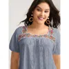 Bloomchic Eyelet Trim Floral Embroidered Solid T-shirt In Blue