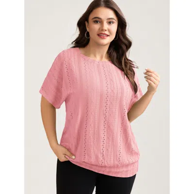 Bloomchic Eyelet Trim Stretchy Textured Plain Top In Pink