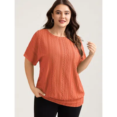 Bloomchic Eyelet Trim Stretchy Textured Plain Top In Orange