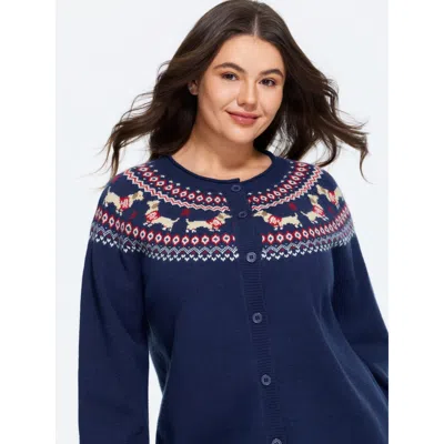 Bloomchic Fair Isle Dachshund Dog Jacquard Button Front Cardigan In Blue