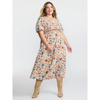 Bloomchic Fall Florals Shirred Bodice Midi Dress In Apricot