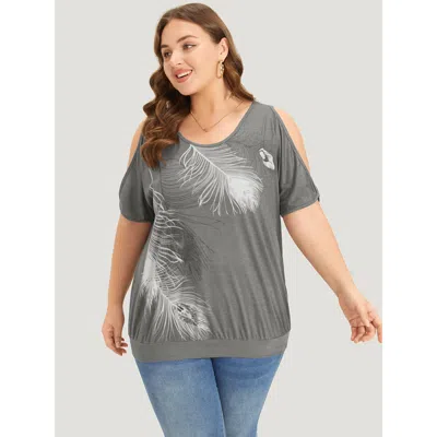 Bloomchic Feather Print Cold Shoulder Crew Neck T-shirt In Gray