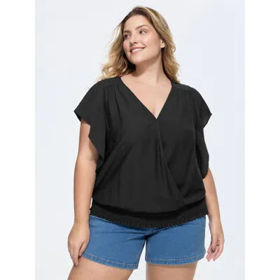 Bloomchic Flared Sleeve Shirred Hem Plain Blouse In Black