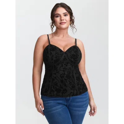 Bloomchic Flocked Floral Stretchy Mesh Lace Tank Top In Black