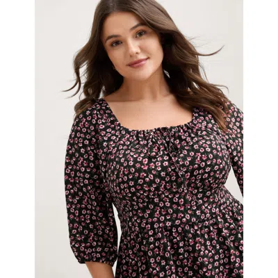 Bloomchic Floral Adjustable Drawstring Neck Shirred Blouse In Multi