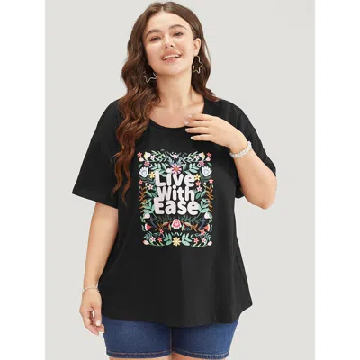 Bloomchic Floral & Slogan Print Slightly Stretchy Casual T-shirt In Black