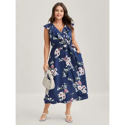 Bloomchic Floral Belted Waist Ruffled Pockets Midi Dress In Blue