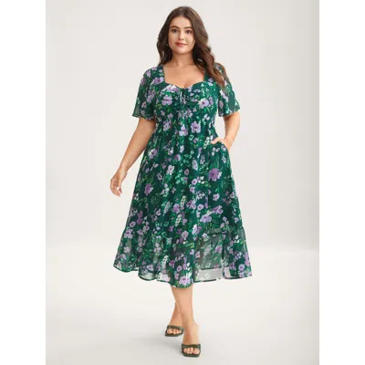 Bloomchic Floral Chiffon Ruched Drawstring Midi Dress In Green