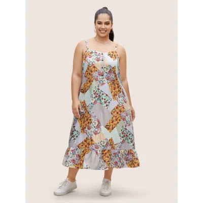 Bloomchic Floral Colorblock Contrast Button Detail Cami Dress In Multi