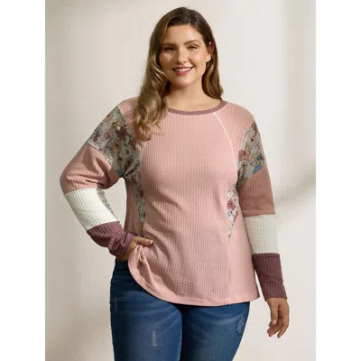 Bloomchic Floral Colorblock Waffle Round Neck Sweatshirt In Brown