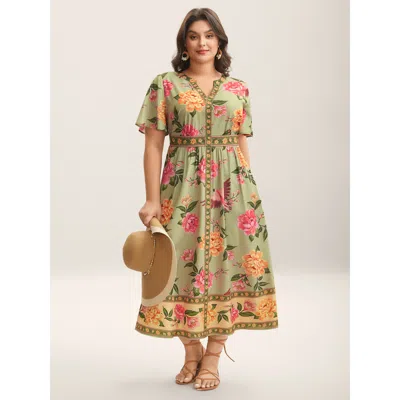 Bloomchic Floral Contrast Hem Split Neck Midi Dress In Green