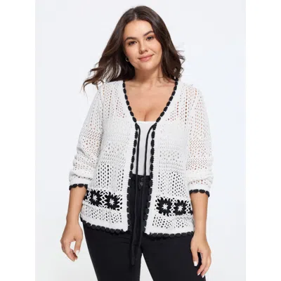 Bloomchic Floral Contrast Hollow Drawstring Cardigan In Ivory