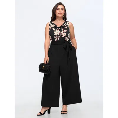 Bloomchic Floral Cowl Neck Waist Tie Wide Leg Jumpsuit In Black