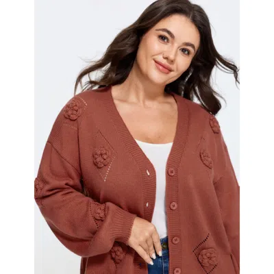 Bloomchic Floral Crochet V Neck Button Front Knit Cardigan In Orange
