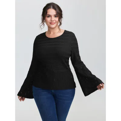 Bloomchic Floral Cut Out Flared Sleeve Knit Top In Black