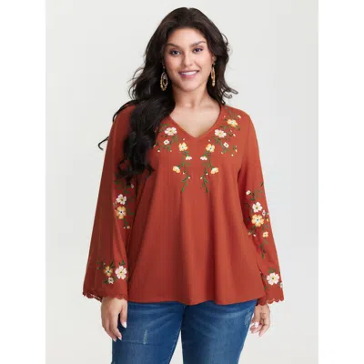 Bloomchic Floral Embroidered Lace Knit T-shirt In Brown