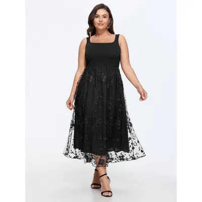 Bloomchic Floral Embroidered Mesh Square Neck Cami Midi Dress In Black