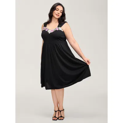 Bloomchic Floral Embroidered Neckline Lace Trim Midi Dress In Black